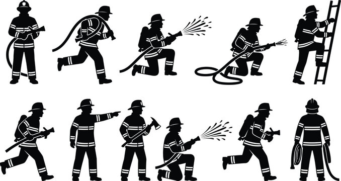 Firefighter silhouette icons set featuring emergency responders in action poses with hoses and ladders for fire safety vector design