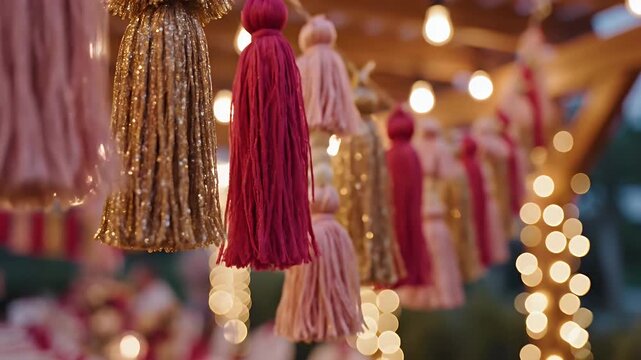 Colorful tassels on a festive market stall with warm fairy lights