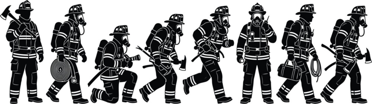 Firefighter silhouette set featuring emergency responders in protective gear with axes and hoses for fire safety concepts vector illustration