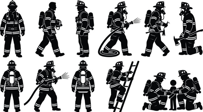 Firefighter silhouette set featuring emergency responders in protective gear with equipment for rescue operations and fire safety vector
