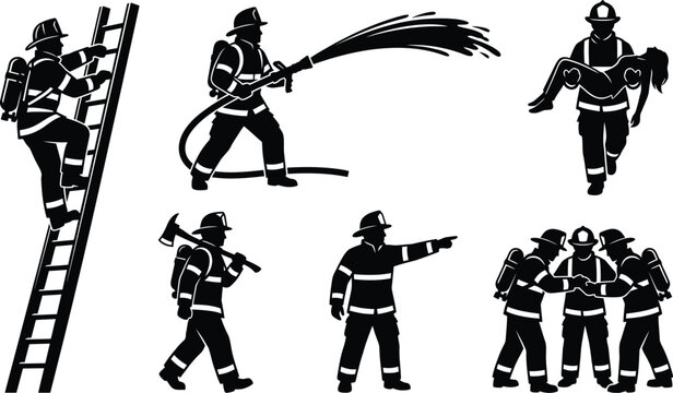 Firefighter silhouettes in action poses including climbing ladder spraying water and carrying victim for emergency rescue vector illustration