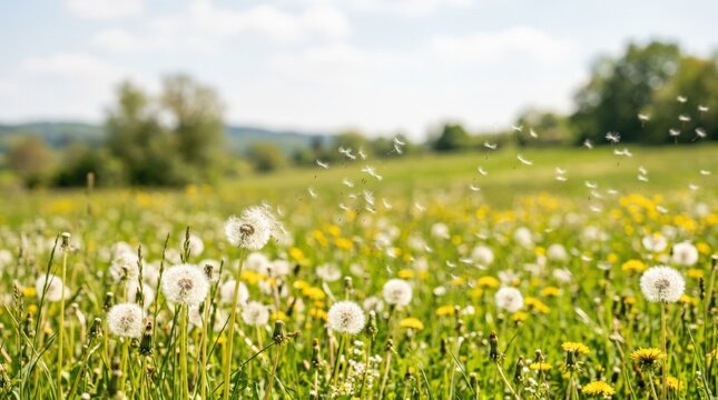 Dandelion meadow with flying blowball particles, summer pollination nature scene for pollen allergy season, fresh green background and calm outdoor copy space, photorealistic detail, soft natural