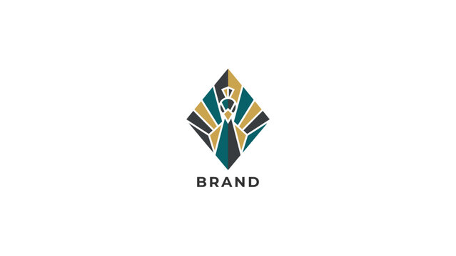 Abstract geometric design featuring a diamond shape with teal, gold, and dark blue accents, symbolizing innovation and modern branding