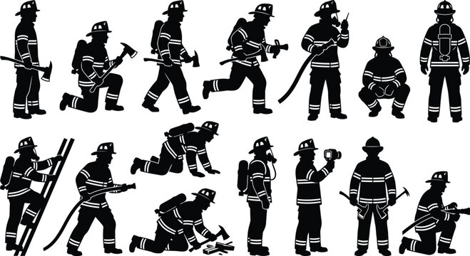 Firefighter silhouettes set featuring emergency responders in action poses with equipment for rescue and fire safety vector illustration