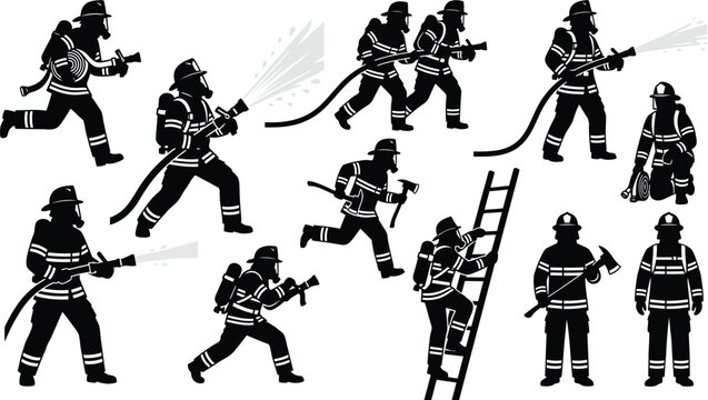 Firefighter silhouettes set featuring emergency responders in action poses with hoses ladders and axes for fire safety vector illustration