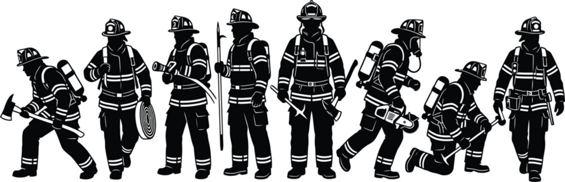 Firefighter silhouettes set with emergency rescue equipment and protective gear for fire department service concept vector illustration