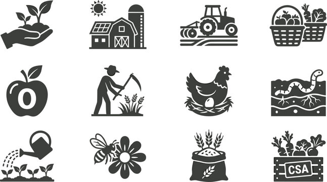 Organic Food and Sustainable Farming Icon Set, Flat Silhouette Vector Symbols for Agriculture, Local Produce, CSA, and Eco-Friendly Food Production
