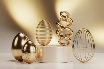 Obraz premium Creative 3D Golden Easter Display with Spiral Sculpture and Wireframe Egg on White Minimalist Product Stage