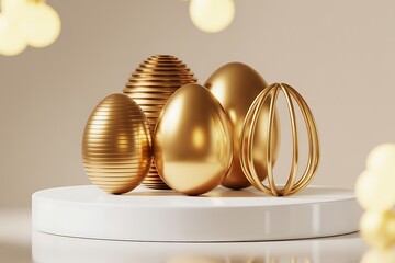 Obraz premium 3D Golden Easter Egg Display on Minimalist White Podium with Ribbed Textures and Soft Bokeh Background