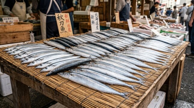Pacific saury fish lined neatly on straw mat, fresh seafood market ingredient Japanese cuisine autumn harvest culinary tradition and clean food preparation concept, silver skin texture, organized