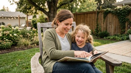 Fototapeta premium Aunt and niece enjoying a backyard moment, warm family connection concept for parenting branding, home campaigns and editorial storytelling, casual outdoor setting and natural atmosphere create broad