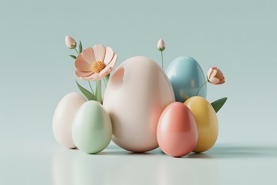 Modern 3D Pastel Easter Egg Group with Stylized Pink Flowers on Light Blue Background for Seasonal Advertising