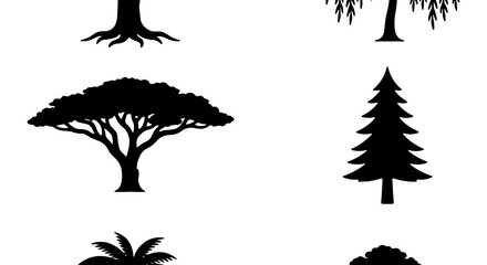 Diverse Tree Silhouettes Collection, Vector Graphics Set: Evergreen, Deciduous, Rooted, and Palm Varieties for Nature and Landscape Design © Zubair