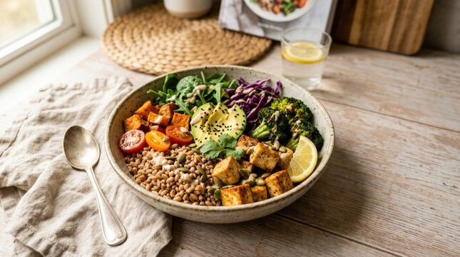 Tofu and farro grain bowl with wholesome vegetables, appetizing recipe concept for menu cookbook restaurant blog and premium stock food advertising, styled with natural textures, soft daylight, clean
