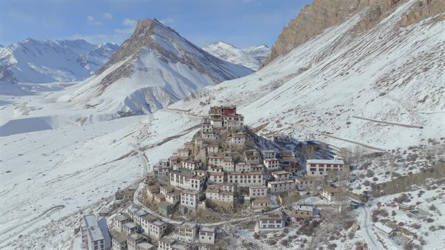 Aerial view of Key Monastery in Spiti Valley Himachal Pradesh India