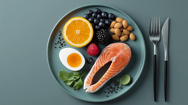 Healthy meal displayed on a calm green plate. Salmon fillet, egg, fruit, nuts, and greens arranged neatly. Fork and knife beside the plate, ready for use