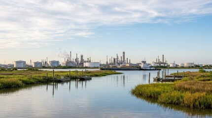 Obraz premium Port Arthur Louisiana miscellaneous landscapes, Gulf Coast waterway wetlands industrial horizon regional travel energy infrastructure and calm southern scenery, natural composition, soft natural