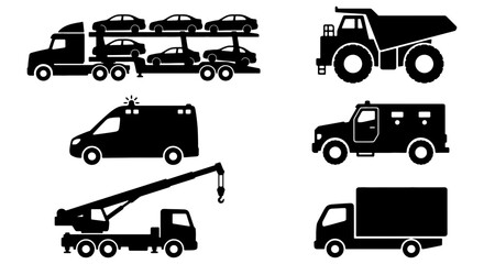 Diverse Vehicle Icons Set: Car Carrier Truck, Dump Truck, Ambulance, Armored Car, Crane Truck, Box Truck, Transportation and Logistics Vector Graphics © Suman