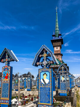 Merry Cemetery of Săp&acirc;nța with Church, Maramureș, Romania