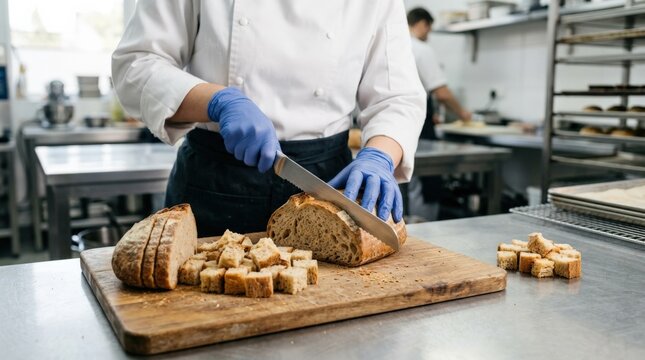 Slicing and shaping bread cubes for culinary use, commercial kitchen preparation and food service, commercial stock photo, natural light, clean composition, neutral unbranded setting, realistic