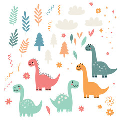 Cute Baby Dinosaur Seamless Patterns - Nursery Dino Floral Vector Collection © Алена Гривенюк