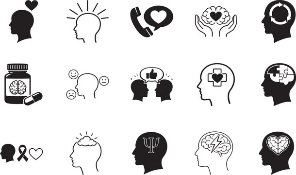 Mental health and emotional wellbeing thin line icons. Editable stroke set for psychology and mind.