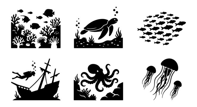 Oceanic Life Silhouette Collection: Coral Reefs, Sea Turtle, Fish School, Diver, Shipwreck, Octopus, Jellyfish, Underwater Scenes, Marine Biology Graphics