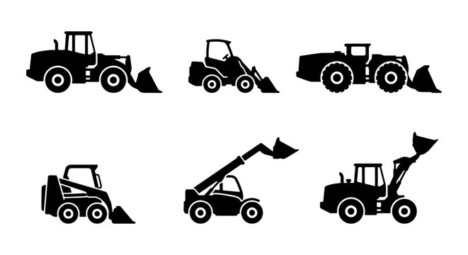 Construction Equipment Icons: Wheel Loaders, Skid Steers, Telehandlers, Black Silhouettes for Industry and Heavy Machinery Projects
