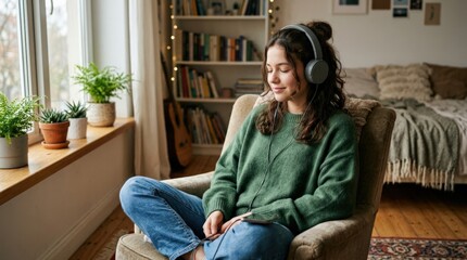 Obraz premium Teenage girl sits in the room with headphones and listens to music, connected youth lifestyle concept for audio branding, social campaigns and editorial storytelling, cozy interior, relaxed pose and