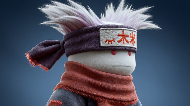 White spiky hair stands tall above a simple face. Red eyes gaze calmly with quiet resolve. Red scarf wraps snugly around a stubby neck. Headband displays bold, stylized kanji characters