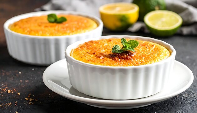 A close-up of two ramekins of creme brulee on plates