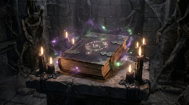 Mystical ancient spellbook glowing with arcane energy, surrounded by flickering candles in a dark, forgotten chamber, evoking powerful magic and mysterious rituals