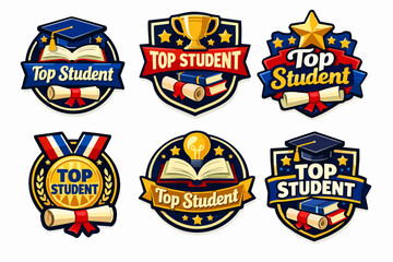 Naklejka premium Top student achievement badges vector set with graduation cap, diploma, trophy, books, and medal for academic excellence