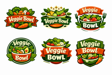 Naklejka premium Veggie bowl logo collection presenting fresh healthy organic food symbols for vegetarian and vegan diets