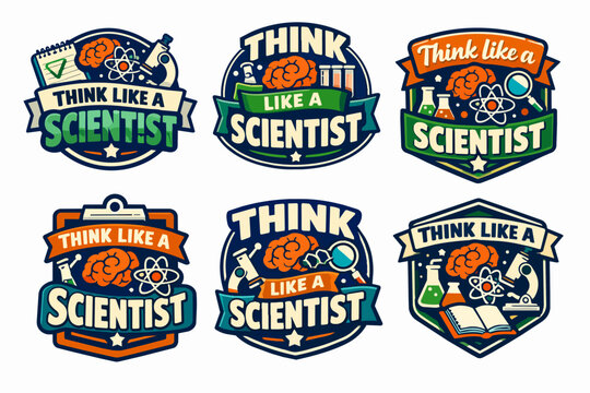 Educational science badges inspiring critical thinking and discovery with laboratory tools and human brain concepts