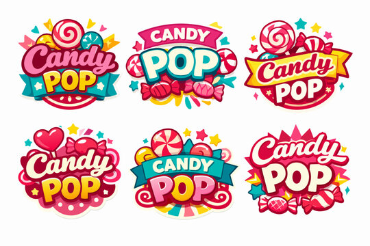 Candy pop label set creating fun branding elements for children's sweets, desserts, and confectionery products