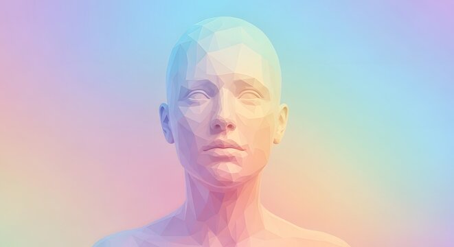 Low poly human head with pastel gradient colors. Digital art and geometric 3D modeling. Front view of a faceted human face representing identity or AI