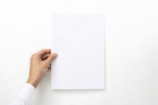 A hand holding a blank white sheet of paper against a white background, suggesting a concept or idea yet to be filled.