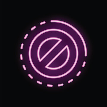 Bright neon pink prohibition sign is glowing on black background with copy space