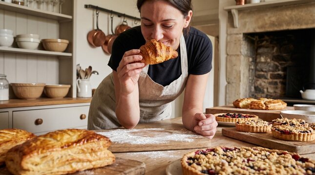 Sense of Smell Culinary Scene Showing Detailed Pastry Textures Rustic Kitchen Interior and Professional Food Lifestyle