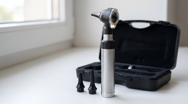 ophthalmic otoscope with case and accessories on white table