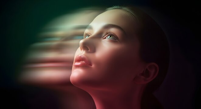 Ethereal woman with motion blur effects. Multiple personality and mental state concepts. Woman looking up with a ghosted double exposure effect in dark lighting.