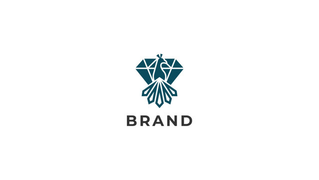 Elegant and abstract logo design featuring a shimmering diamond gemstone integrated with a majestic peacock, symbolizing luxury, beauty, and premium quality in a sophisticated brand identity concept