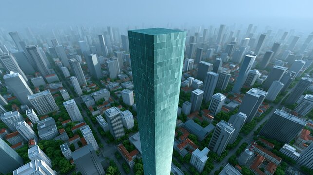 Skyline features a towering glass skyscraper. Dense urban sprawl surrounds the central structure. Foggy atmosphere softens distant buildings and trees