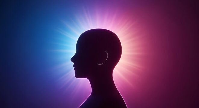 Silhouette of a human head with blue and pink light rays. Mental clarity and cognitive function. Profile view of a person with energy beams radiating from the brain.