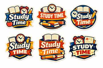 Naklejka premium Collection of study time themed badges with books, clocks, pencils, and educational symbols designed for learning