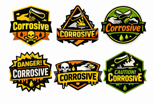 Corrosive chemical hazard labels collection marking warning signs for dangerous substances and acid, protecting from toxicity