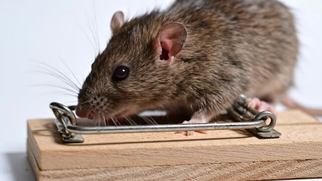 Close up of a curious mouse exploring a wooden mousetrap, animal in a pest control situation, white background