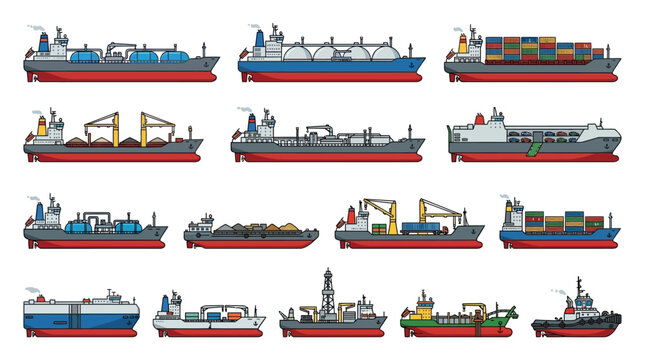 Set of various industrial cargo ships and transport vessels.