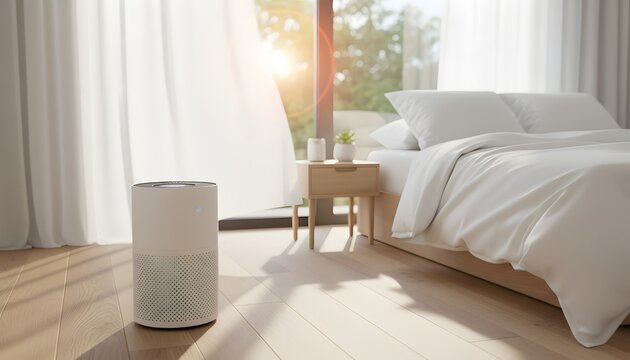 White air purifier in bedroom during summer morning to prevent seasonal summer allergies for healthy lifestyle concept with sunlight and fresh breeze through white curtains